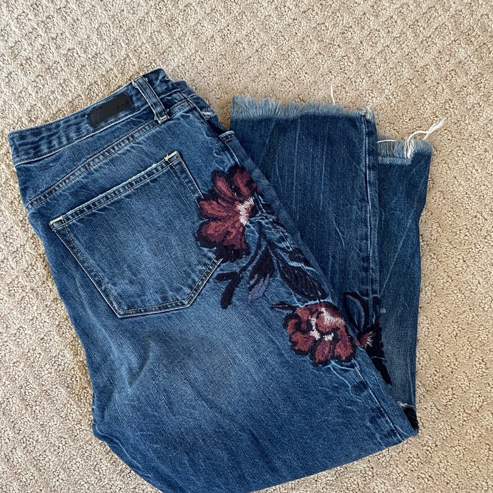 Abercrombie & Fitch Blue Denim Jeans with Red Floral Embroidery